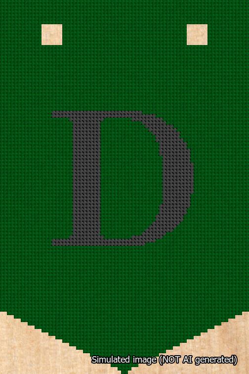 A simulated image of the stitched needlepoint design: Banner 18m Pointed D Black on Green. Not A.I. generated.