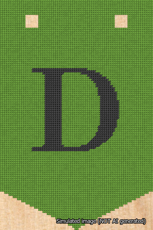 A simulated image of the stitched needlepoint design: Banner 18m Pointed D Black on Light Green. Not A.I. generated.