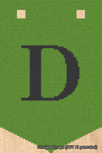 A simulated image of the stitched needlepoint design: Banner 18m Pointed D Black on Light Green. Not A.I. generated.