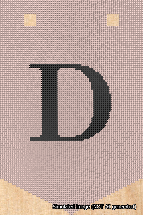 A simulated image of the stitched needlepoint design: Banner 18m Pointed D Black on Pink. Not A.I. generated.