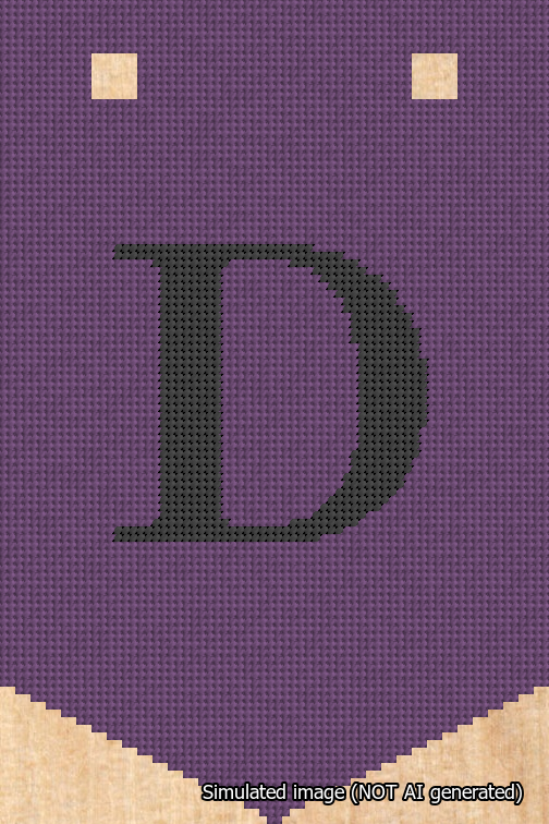 A simulated image of the stitched needlepoint design: Banner 18m Pointed D Black on Purple. Not A.I. generated.