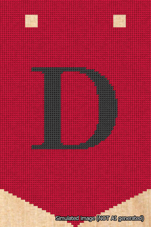 A simulated image of the stitched needlepoint design: Banner 18m Pointed D Black on Red. Not A.I. generated.