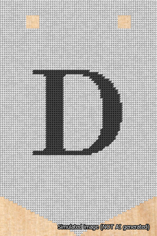 A simulated image of the stitched needlepoint design: Banner 18m Pointed D Black on White. Not A.I. generated.