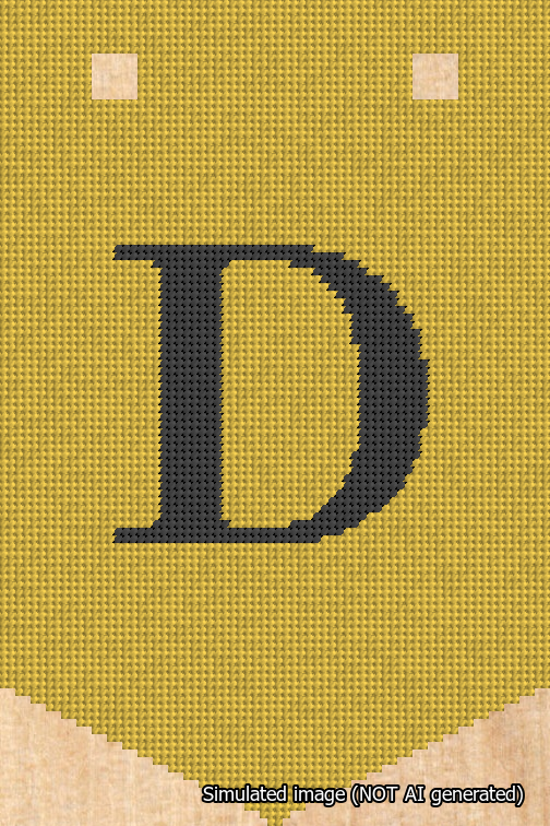 A simulated image of the stitched needlepoint design: Banner 18m Pointed D Black on Yellow. Not A.I. generated.