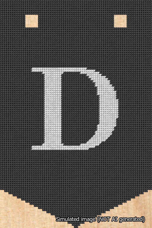 A simulated image of the stitched needlepoint design: Banner 18m Pointed D White on Black. Not A.I. generated.