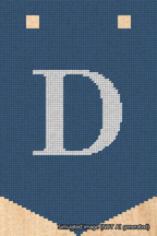 A simulated image of the stitched needlepoint design: Banner 18m Pointed D White on Blue. Not A.I. generated.