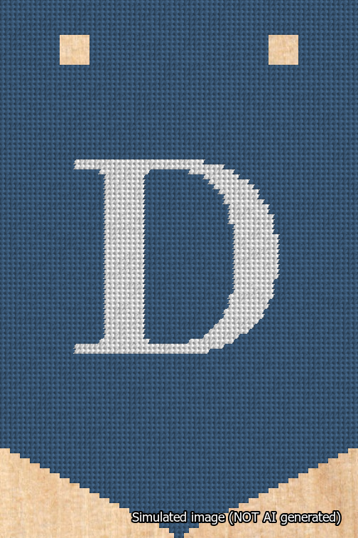 A simulated image of the stitched needlepoint design: Banner 18m Pointed D White on Blue. Not A.I. generated.