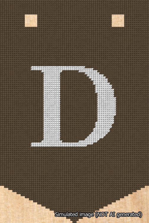 A simulated image of the stitched needlepoint design: Banner 18m Pointed D White on Brown. Not A.I. generated.
