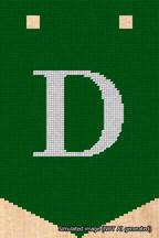 A simulated image of the stitched needlepoint design: Banner 18m Pointed D White on Green. Not A.I. generated.