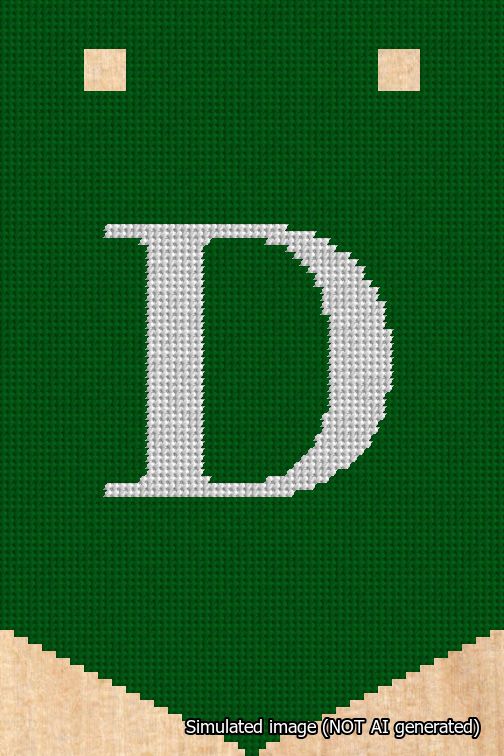 A simulated image of the stitched needlepoint design: Banner 18m Pointed D White on Green. Not A.I. generated.