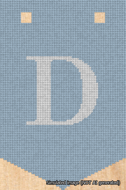 A simulated image of the stitched needlepoint design: Banner 18m Pointed D White on Light Blue. Not A.I. generated.