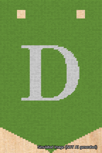 A simulated image of the stitched needlepoint design: Banner 18m Pointed D White on Light Green. Not A.I. generated.
