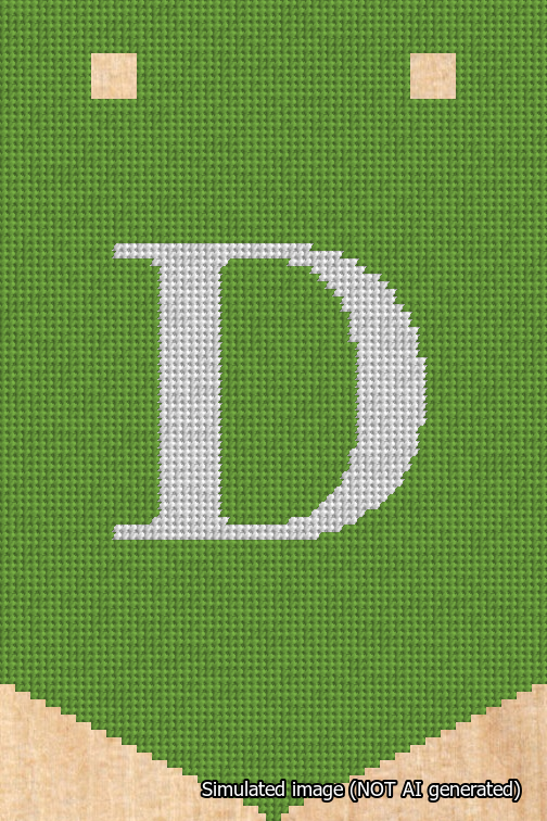 A simulated image of the stitched needlepoint design: Banner 18m Pointed D White on Light Green. Not A.I. generated.