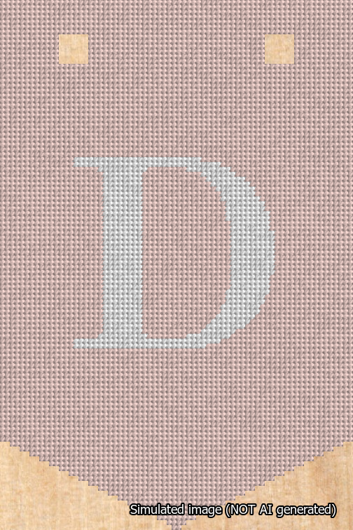 A simulated image of the stitched needlepoint design: Banner 18m Pointed D White on Pink. Not A.I. generated.