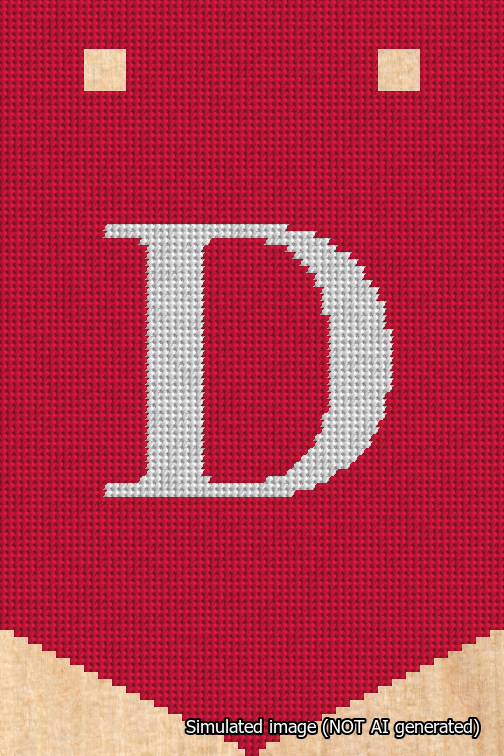 A simulated image of the stitched needlepoint design: Banner 18m Pointed D White on Red. Not A.I. generated.