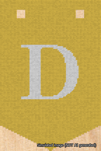 A simulated image of the stitched needlepoint design: Banner 18m Pointed D White on Yellow. Not A.I. generated.