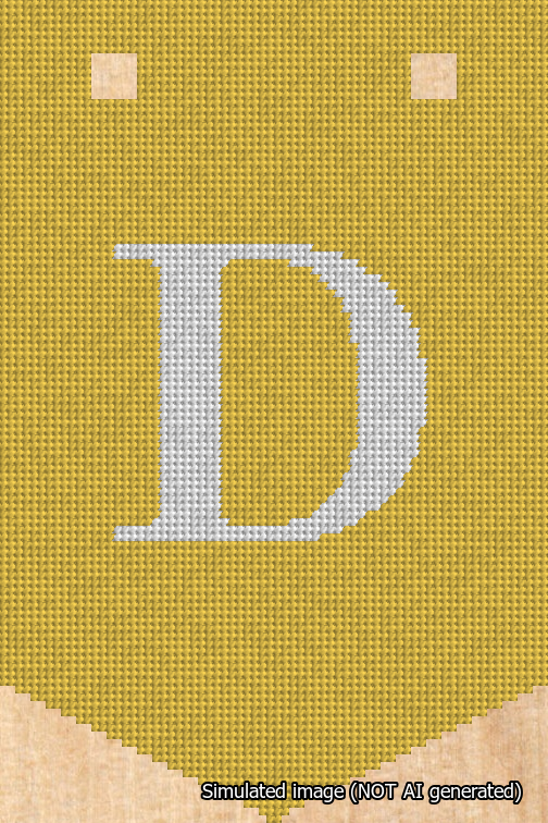 A simulated image of the stitched needlepoint design: Banner 18m Pointed D White on Yellow. Not A.I. generated.