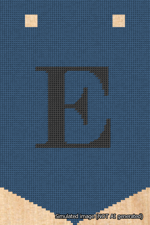 A simulated image of the stitched needlepoint design: Banner 18m Pointed E Black on Blue. Not A.I. generated.