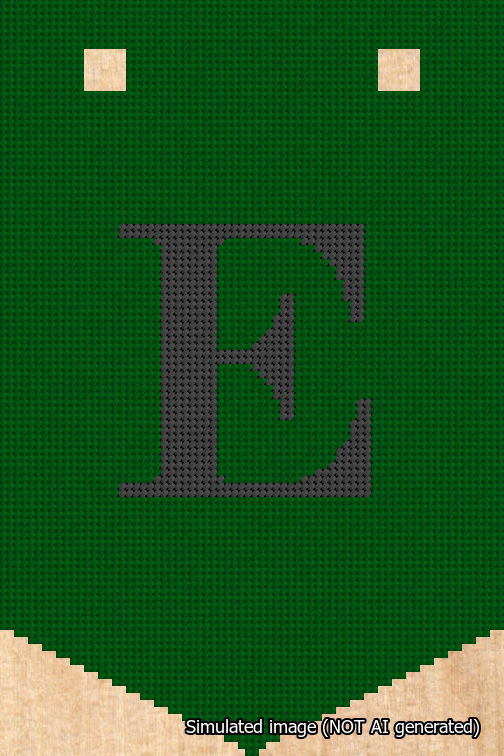 A simulated image of the stitched needlepoint design: Banner 18m Pointed E Black on Green. Not A.I. generated.