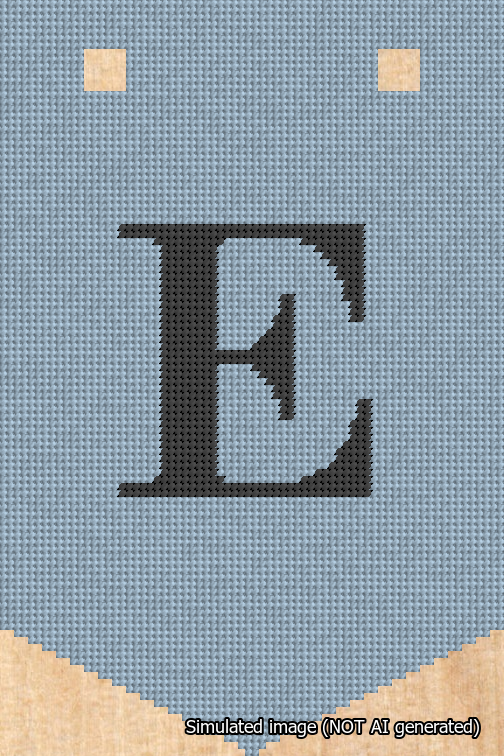 A simulated image of the stitched needlepoint design: Banner 18m Pointed E Black on Light Blue. Not A.I. generated.
