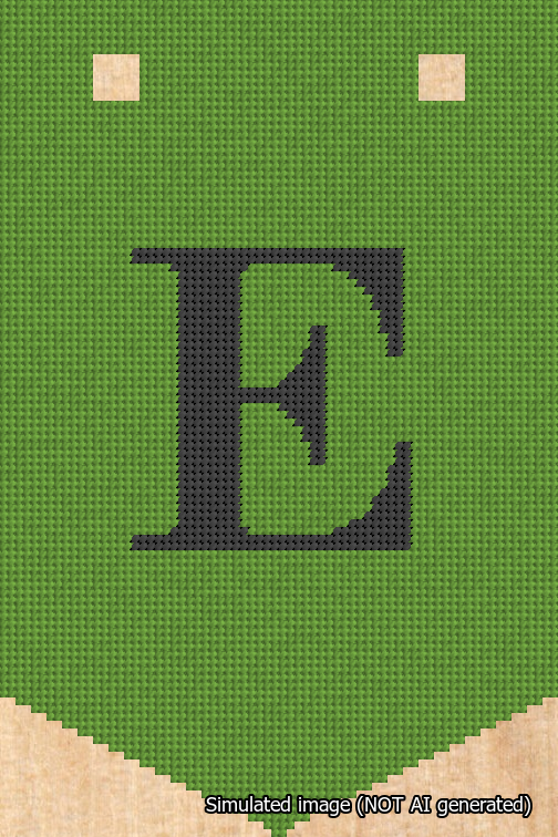 A simulated image of the stitched needlepoint design: Banner 18m Pointed E Black on Light Green. Not A.I. generated.