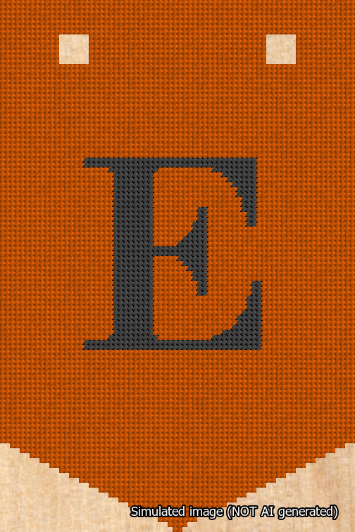 A simulated image of the stitched needlepoint design: Banner 18m Pointed E Black on Orange. Not A.I. generated.