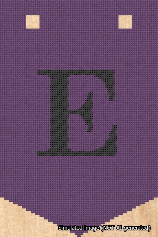 A simulated image of the stitched needlepoint design: Banner 18m Pointed E Black on Purple. Not A.I. generated.