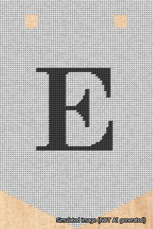 A simulated image of the stitched needlepoint design: Banner 18m Pointed E Black on White. Not A.I. generated.