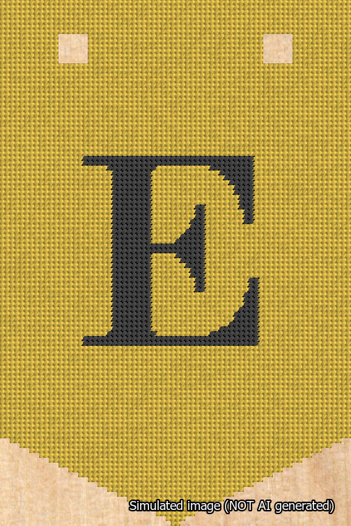 A simulated image of the stitched needlepoint design: Banner 18m Pointed E Black on Yellow. Not A.I. generated.