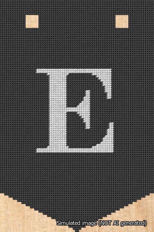 A simulated image of the stitched needlepoint design: Banner 18m Pointed E White on Black. Not A.I. generated.