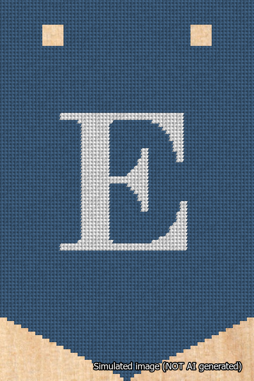 A simulated image of the stitched needlepoint design: Banner 18m Pointed E White on Blue. Not A.I. generated.