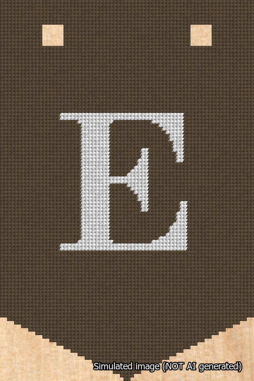 A simulated image of the stitched needlepoint design: Banner 18m Pointed E White on Brown. Not A.I. generated.