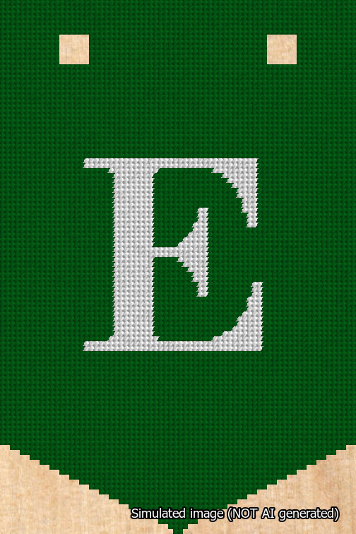 A simulated image of the stitched needlepoint design: Banner 18m Pointed E White on Green. Not A.I. generated.