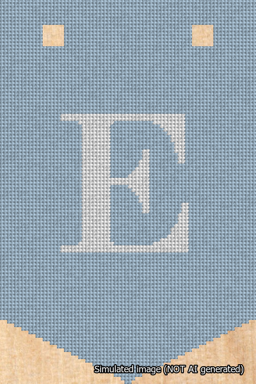 A simulated image of the stitched needlepoint design: Banner 18m Pointed E White on Light Blue. Not A.I. generated.