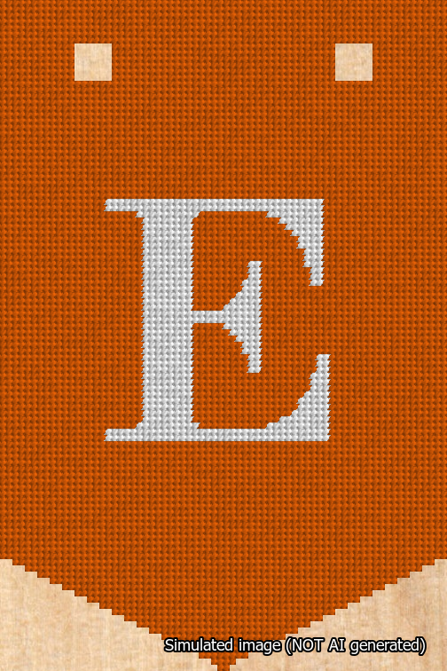 A simulated image of the stitched needlepoint design: Banner 18m Pointed E White on Orange. Not A.I. generated.