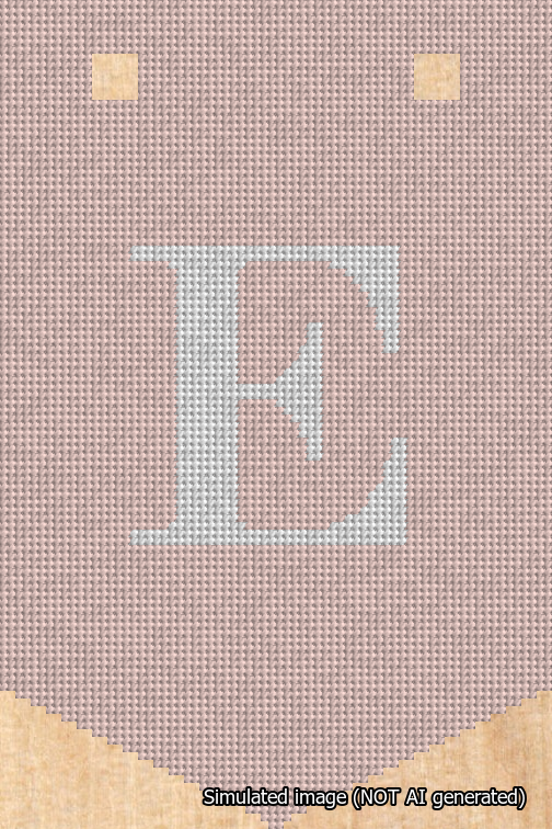 A simulated image of the stitched needlepoint design: Banner 18m Pointed E White on Pink. Not A.I. generated.