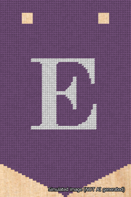 A simulated image of the stitched needlepoint design: Banner 18m Pointed E White on Purple. Not A.I. generated.