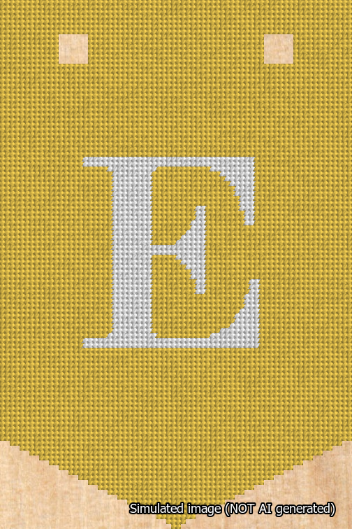 A simulated image of the stitched needlepoint design: Banner 18m Pointed E White on Yellow. Not A.I. generated.