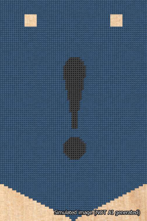 A simulated image of the stitched needlepoint design: Banner 18m Pointed Exclamation Black on Blue. Not A.I. generated.