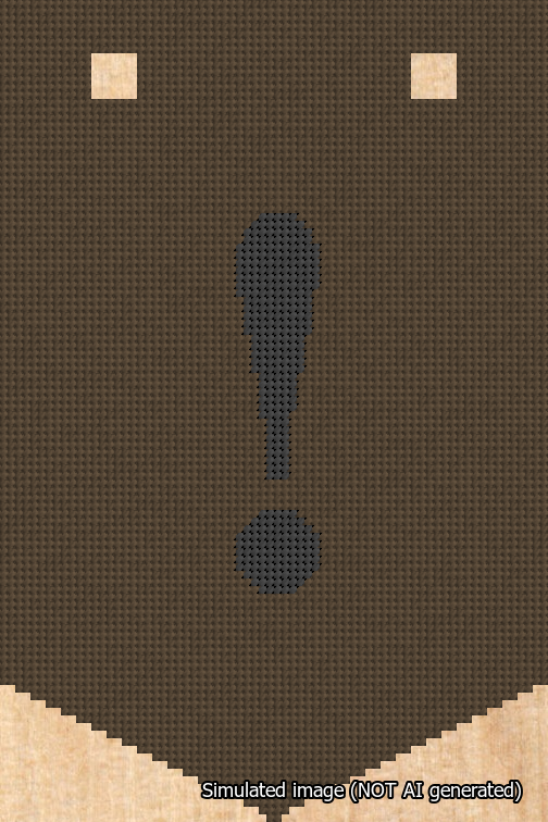 A simulated image of the stitched needlepoint design: Banner 18m Pointed Exclamation Black on Brown. Not A.I. generated.