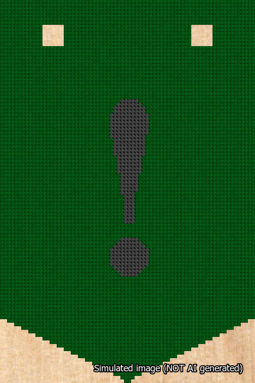 A simulated image of the stitched needlepoint design: Banner 18m Pointed Exclamation Black on Green. Not A.I. generated.