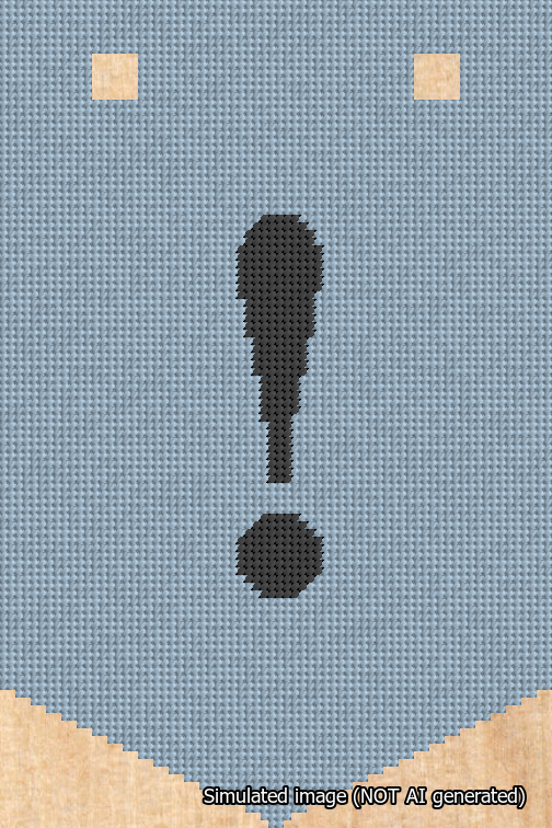 A simulated image of the stitched needlepoint design: Banner 18m Pointed Exclamation Black on Light Blue. Not A.I. generated.
