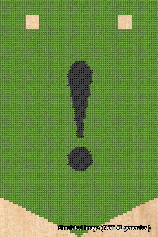 A simulated image of the stitched needlepoint design: Banner 18m Pointed Exclamation Black on Light Green. Not A.I. generated.