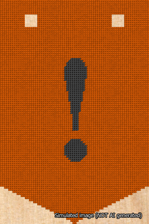 A simulated image of the stitched needlepoint design: Banner 18m Pointed Exclamation Black on Orange. Not A.I. generated.