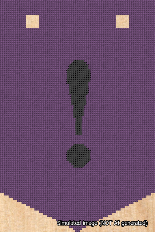 A simulated image of the stitched needlepoint design: Banner 18m Pointed Exclamation Black on Purple. Not A.I. generated.