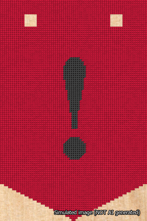 A simulated image of the stitched needlepoint design: Banner 18m Pointed Exclamation Black on Red. Not A.I. generated.