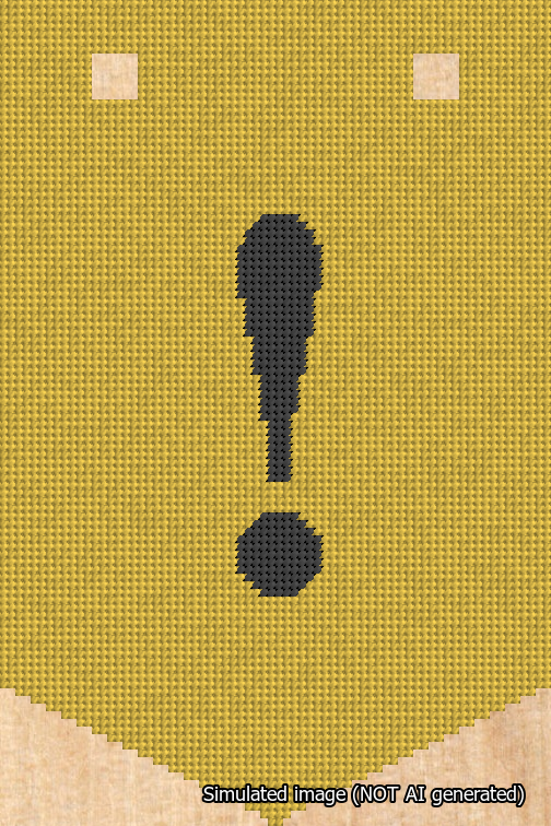 A simulated image of the stitched needlepoint design: Banner 18m Pointed Exclamation Black on Yellow. Not A.I. generated.