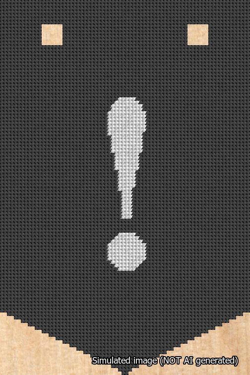 A simulated image of the stitched needlepoint design: Banner 18m Pointed Exclamation White on Black. Not A.I. generated.