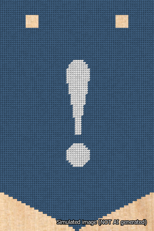 A simulated image of the stitched needlepoint design: Banner 18m Pointed Exclamation White on Blue. Not A.I. generated.