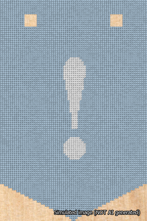 A simulated image of the stitched needlepoint design: Banner 18m Pointed Exclamation White on Light Blue. Not A.I. generated.